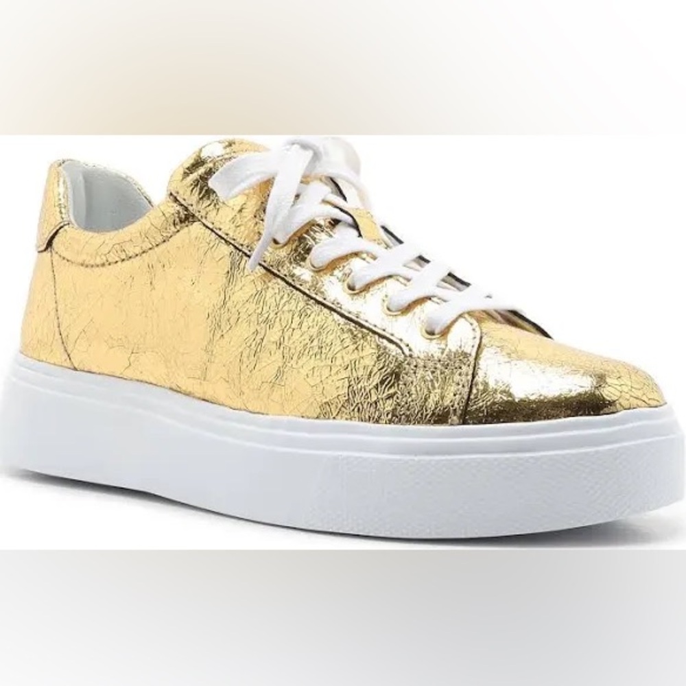 SCHUTZ size 8 Women's Leather Raver Rose Gold Metallic Crackle Platform Sneaker